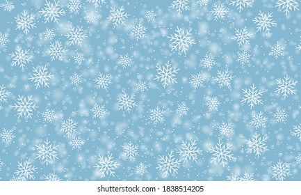 Snow background. Winter snowfall. White snowflakes on blue sky. Christmas background. Falling snow.