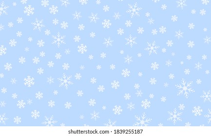 Snow background. Winter snowfall. White snowflakes on blue sky. Christmas background. Falling snow.
