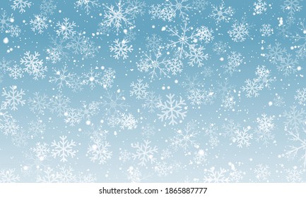 Snow background. Winter snowfall. White snowflakes on blue sky. Christmas background. Falling snow.