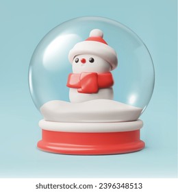 Snow ball with 3d snowman at the center. The snowman is adorned with a red scarf and a Santa hat. Encased within a clear, round dome, the snowman is positioned on a snowy base, which rests on a vivid