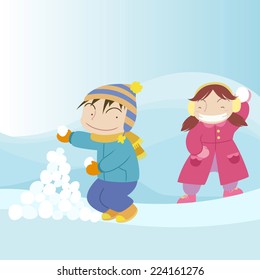 Snow ball battle between boy and girl  vector cartoon illustration