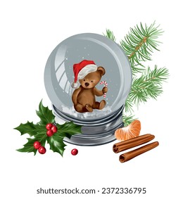 Balón de nieve con un oso, holly, canela, trozo de mandarina. Ilustración vectorial para la composición de Año Nuevo. Tarjetas de felicitación, invitaciones de Navidad, carteles.