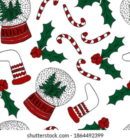 Snow ball, candy cane, Christmas sock, mistletoe. Christmas vector seamless pattern. Design for wrapping paper, holiday decor, wallpapers, greeting cards, textile, home decoration.