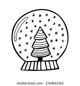 Schneeball mit Weihnachtsbaum, einzelne handgezeichnete Vektorgrafik im schwarz-weißen Doodstil 