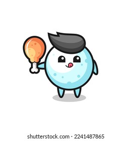 snow ball cute mascot is eating a fried chicken , cute style design for t shirt, sticker, logo element