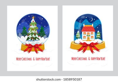 Juego de cartas de saludo de bola de nieve. Feliz colección de bola de nieve de cristal de Navidad con árbol de Navidad y casa linda. Ilustración del vector sobre fondo aislado blanco