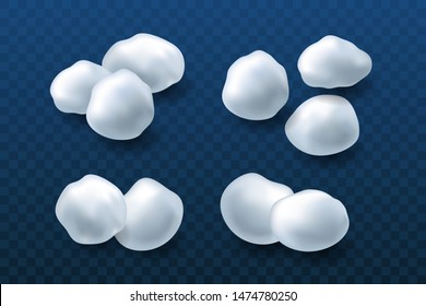 Snow ball ice set. Winter design snowy icicle snowball. White blue snow template. Decoration isolated transparent background. 3D realistic snow ball. Christmas, New Year frozen Vector illustration