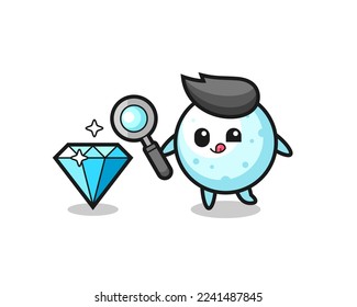 mascota de bola de nieve está revisando la autenticidad de un diamante , diseño de estilo lindo para camiseta, pegatina, elemento logo