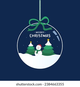 Schneeball auf blauem Hintergrund, Weihnachtsgrußkartendesign . Vektorgrafiken für Ferienpostgrafiken mit Schnee und Baum