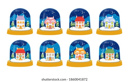 Snow ball set with cute funny houses and cottages with colorful roofs and windows. Glass Snowball collection with little houses in cartoon style on white isolated background. Vector illustration  