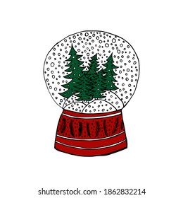 Snow ball vector illustration. Hand drawn doodle glass ball with green Christmas trees and white snow. Vector clip art.