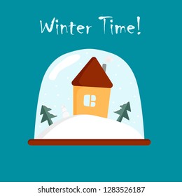Snow ball. Winter time. House on the hill with Christmas trees and snowman. Christmas Holiday