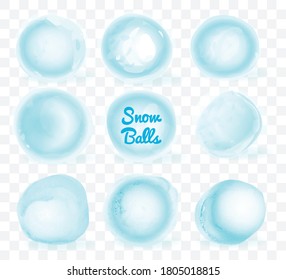 Bolas de nieve aisladas. Vector de acuarela dibujado a mano imitación de pictogramas de bola de nieve, granizo, bolas de hielo, círculos azules sobre fondo transparente