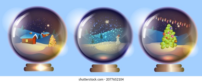 Snow balls, isolated set of toys with Christmas themes. Pine tree with garlands and gifts. Figures of snowmen and a house with a snow roof