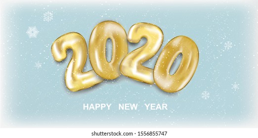 Snow banner 2020 Happy New Year. Golden numbers balls in 3d realistic style with snow. Festive banner design. Holiday vector illustration 2020