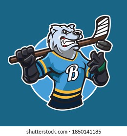 Snow bear ice hockey mascot isolated in dark blue background