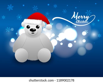 Snow bear on blue background, snow flake,red hat,and text merry christmas.