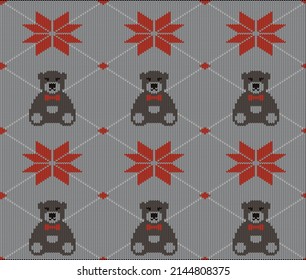 Snow and bear on the knitting pattern, Happy new year, vector illustration