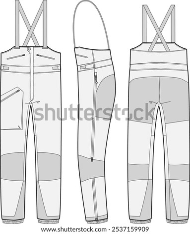 Snow Bib Winter Pants Technical Fashion Illustration Mock-up Template for Design and Tech Packs featuring Front, Side and Back Views