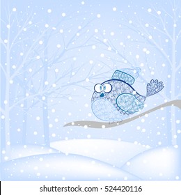 Snow bird sitting on a tree branch. Christmas card. Winter background.