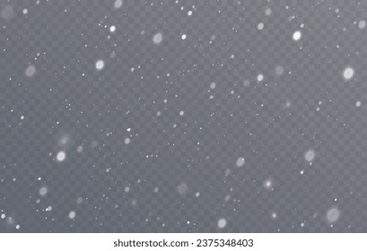 Snow blizzard, Christmas winter background. Snowflakes flying in the sky isolated on transparent background
