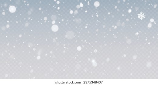 Snow blizzard, Christmas winter background. Snowflakes flying in the sky isolated on transparent background