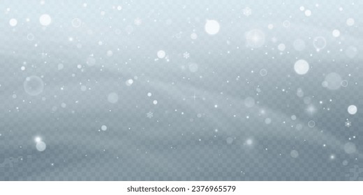 Snow blizzard, Christmas winter background. Snowflakes flying in the sky isolated on transparent background