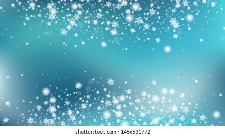 Snow Blizzard Effect. Macro snowflakes flying border illustration. Holiday decoration Christmas banner. Blue base.
