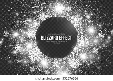 Snow Blizzard Effect on Transparent Background Vector Illustration. Abstract bright white shimmer glowing scatter falling round particles, lights and snowflakes