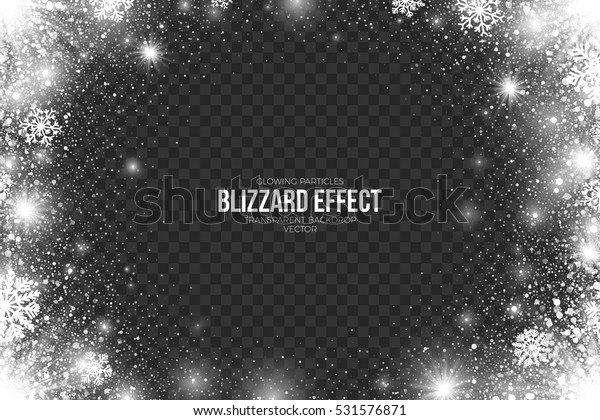 透明な背景に雪のブリザード効果ベクターイラスト 明るく輝く抽象的な白い輝く光が パーティクル ライト 雪片の周りに散らばる のベクター画像素材 ロイヤリティフリー