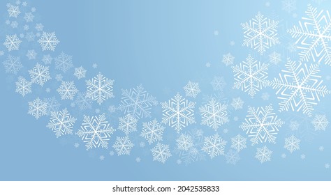 Snow blizzard effect with white snowflakes on blue background. Winter design for Christmas decor, greeting card, poster, flyer etc. Abstract white snowflakes vector illustration