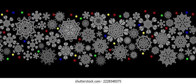 Snow blizzard of elegant snowflakes and multicolored lights of New Year's garlands. Christmas holiday banner for celebration decoration design.