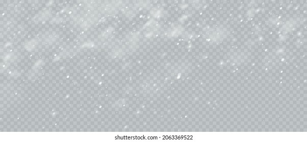 Snow Blizzard realistic overlay background. Snowflakes flying in the sky isolated on transparent background. Background for Christmas design. Vector illustration EPS10