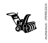 Snow Blower or Snow Thrower Cartoon Retro Woodcut Black and White