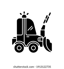 Snow blowing black glyph icon. Using machine for removing snow from area around your house. Cleaning service in winter. Silhouette symbol on white space. Vector isolated illustration