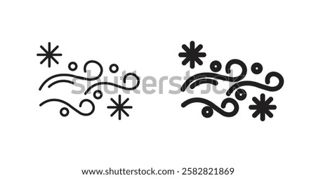 Snow blowing filled and outlined icons vectors on white background