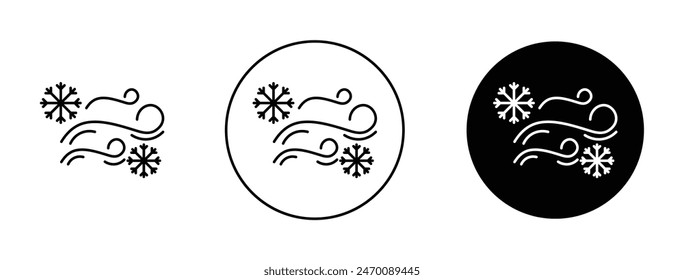Snow blowing icon set. snowflake cold breeze vector symbol. blowsnow wind sign. blowing snowstorm cold air icon in black filled and outlined style.