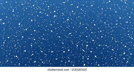 Snow blue background. Christmas snowy winter design. White falling snowflakes, abstract landscape. Cold weather effect. Magic nature fantasy snowfall texture decoration. Vector illustration