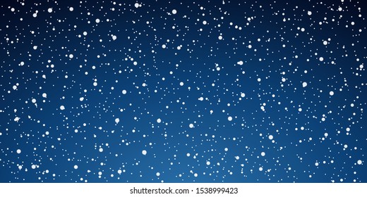 Snow blue background. Christmas snowy winter design. White falling snowflakes, abstract landscape. Cold weather effect. Magic nature fantasy snowfall texture decoration. Vector illustration