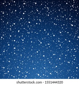 Snow blue background. Christmas snowy winter design. White falling snowflakes, abstract landscape. Cold weather effect. Magic nature fantasy snowfall texture decoration. Vector illustration