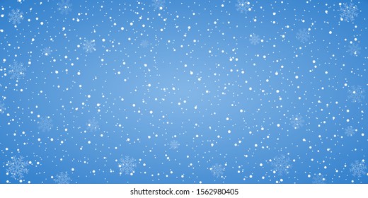 Snow blue background. Christmas snowy winter design. White falling snowflakes, abstract landscape. Cold weather effect. Magic nature fantasy snowfall texture decoration. Vector illustration