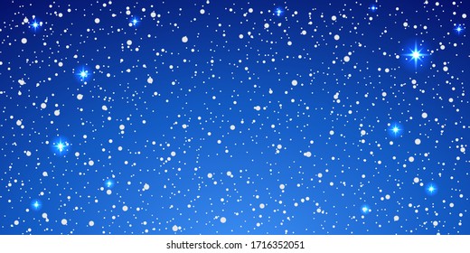 Snow blue background. Christmas snowy winter design. White falling snowflakes, abstract landscape. Cold weather effect. Magic nature fantasy snowfall texture decoration. Vector illustration