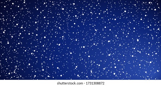 Snow blue background. Christmas snowy winter design. White falling snowflakes, abstract landscape. Cold weather effect. Magic nature fantasy snowfall texture decoration. Vector illustration