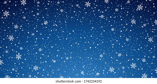 Snow blue background. Christmas snowy winter design. White falling snowflakes, abstract landscape. Cold weather effect. Magic nature fantasy snowfall texture decoration. Vector illustration