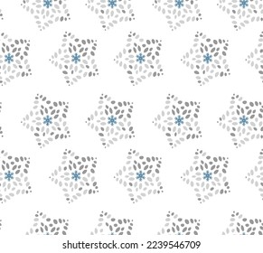 Snow blue patterns on Christmas and New Year.  Festive Christmas background of blue and grey snowflakes. For postcards, poster, invitation design for new year. Seamless pattern.