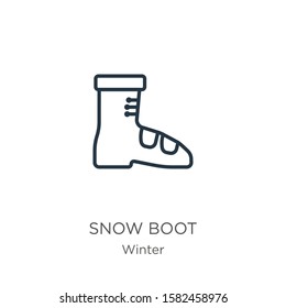 Snow boot icon. Thin linear snow boot outline icon isolated on white background from winter collection. Line vector sign, symbol for web and mobile