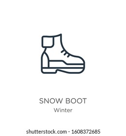 Snow boot icon. Thin linear snow boot outline icon isolated on white background from winter collection. Line vector sign, symbol for web and mobile
