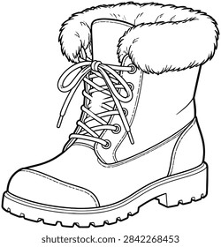 Snow boot with thick fur trim and criss cross laces isolated on white background