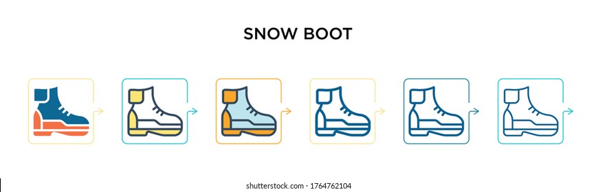 Snow boot vector icon in 6 different modern styles. Black, two colored snow boot icons designed in filled, outline, line and stroke style. Vector illustration can be used for web, mobile, ui