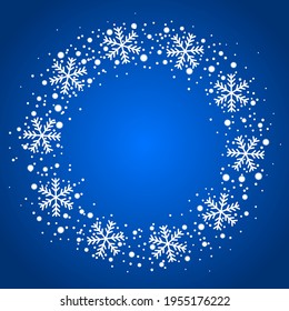 Snow border circle frame. Christmas texture, isolated on blue background. Snowflake abstract effect. Holiday border, silver glitter. Blizzard design. Winter snow fall decoration. Vector illustration